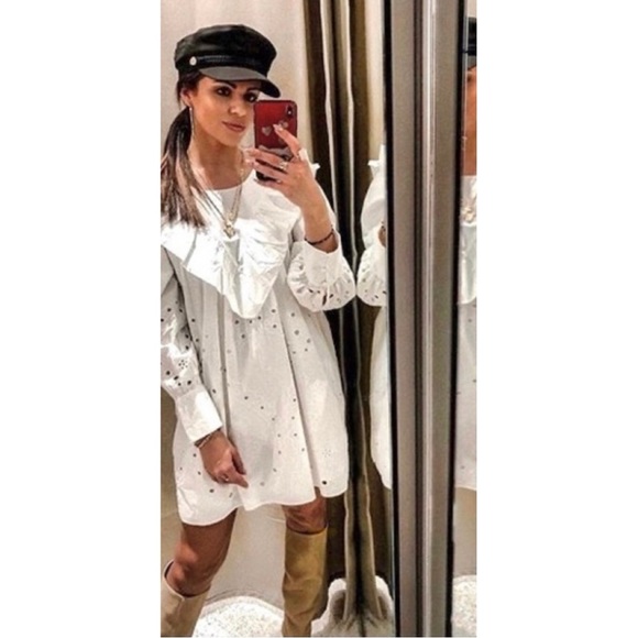 Zara Women Ruffle Openwork Embroidered White  Dress Bloggers Favorite, Medium - Picture 10 of 16